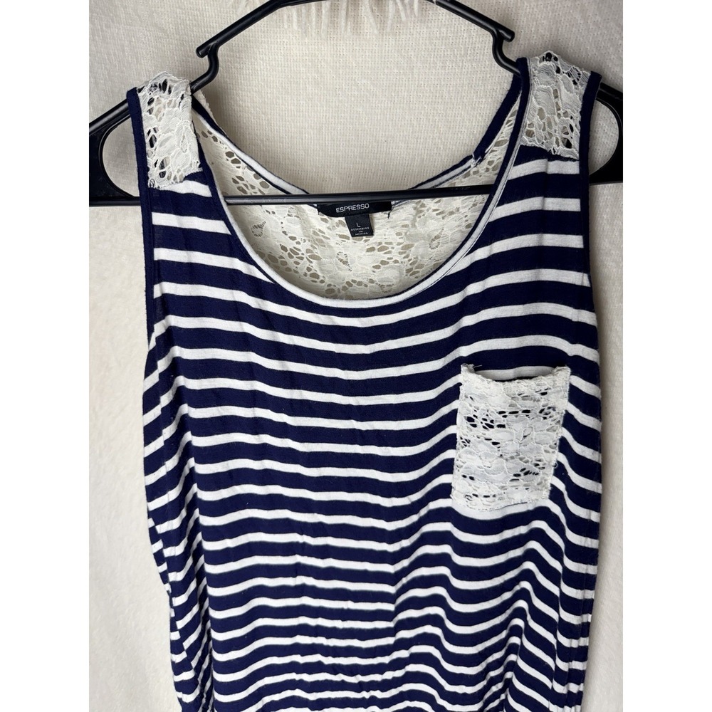 Espresso Tank Top Womens L Navy White Stripe Lace Back Sleeveless Boho